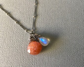 Moonstone and Sunstone sterling silver necklace Solar eclipse sun and moon necklace