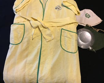 1940s Vintage Girl Scouts Ladies Traditional Yellow Robe, Hat, Water Canteen with Cover