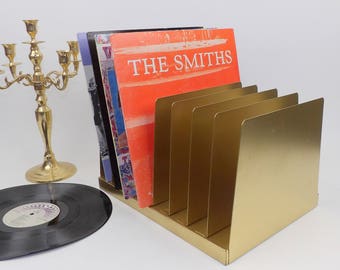 Vintage Industrial Metal Mail Bill Sorter Vinyl Album Rack Gold Desktop Shelf File Cabinet Office Storage Mid Century Furniture Magazine MCM
