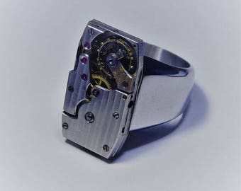 Chevalière steampunk bague acier inoxydable mouvement montre argenté vintage