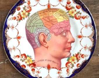Vintage Phrenology Head Decorative Altered Art Hanging Plate