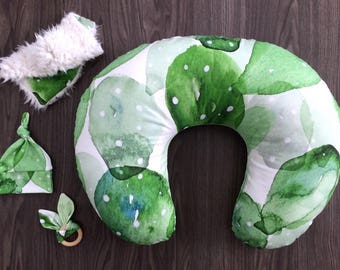 Boppy pillow cover with zipper. Organic nursing pillow cover. Green cactus watercolor prickly pear. Gender neutral