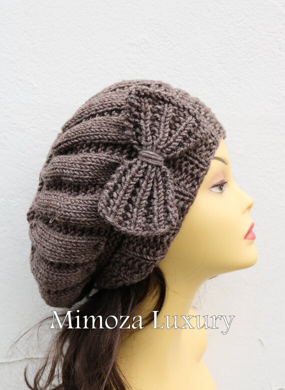 Walnut Brown Woman Hand Knitted Hat with Bow, Brown/Grey Beret hat with bow, brown knit hat, slouchy knit women's hat with bow, winter hat