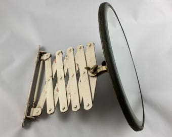 Antique White Chippy Paint Accordion Art Deco Round Beveled Mirror Beveled Shaving Wall Mount Extendable Makeup Bathroom Mirror