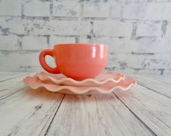 Hazel Atlas Pink Crinoline Ruffle Ripple Luncheon Set, Lunch Plate, Cup and Saucer, Three Pieces, Four Sets Available, Pink Plates and Cups