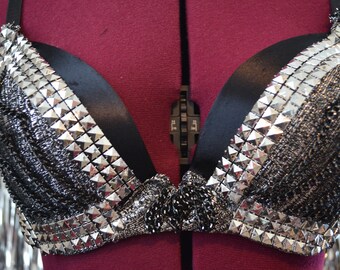 38D Silver Stud and Chain Rocker Burlesque/Rave/Biker Bra