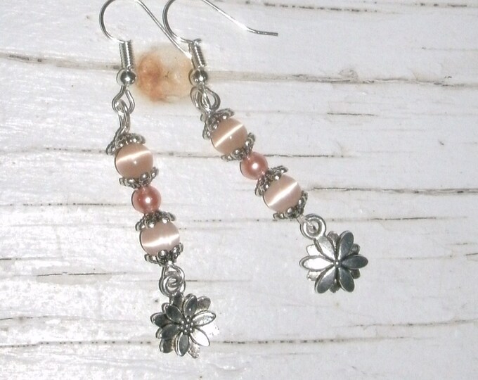 Flower Earrings with peach cats eye and pearl beads, feminine earrings, peach colored beads, silver floral bead caps, silver plated wires