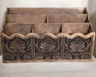 Vintage Lerner Kitchen Organizer, Faux Carved Wood, Medium Brown Kitchen Organizer, Remote Organizer, Carved Leaf, Repaint Repurpose