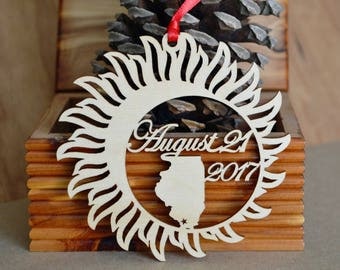 Illinois Solar Eclipse ornament wood cut decoration. Laser cut Total Solar Eclipse ornament Path of Totality through Illinois