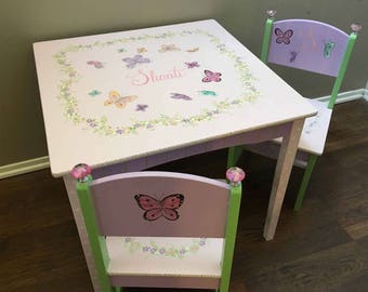butterfly child's table set, hand painted table and chair sets children's table and chair sets