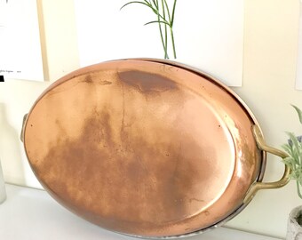 Vintage Copper Pan with Brass Handles / Small Copper Tray
