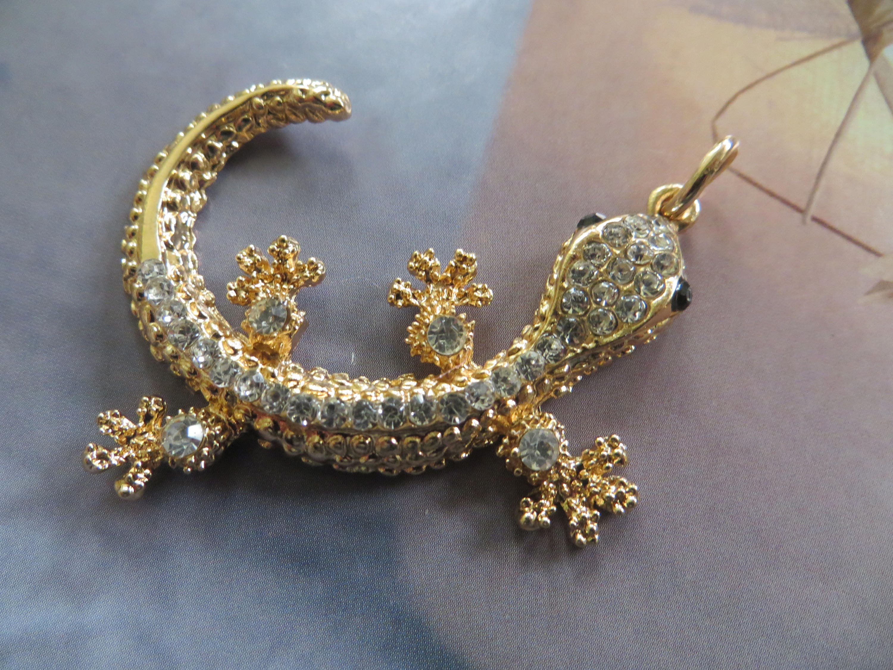 GECKO LIZARD PENDANT Crystal Rhinestone Gold Large Bead Gold Charm Gift ...