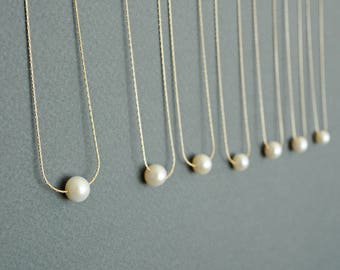 Pearl necklace. Single pearl necklace. Bridesmaid necklace. Floating pearl. Goldfield Sterling silver freshwater 6mm Pearl. Wedding Jewelry