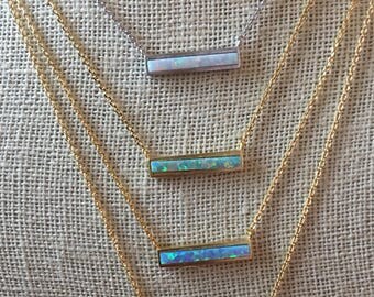 Opal Bar Necklace, Opal Necklace, Blue Opal, White Opal