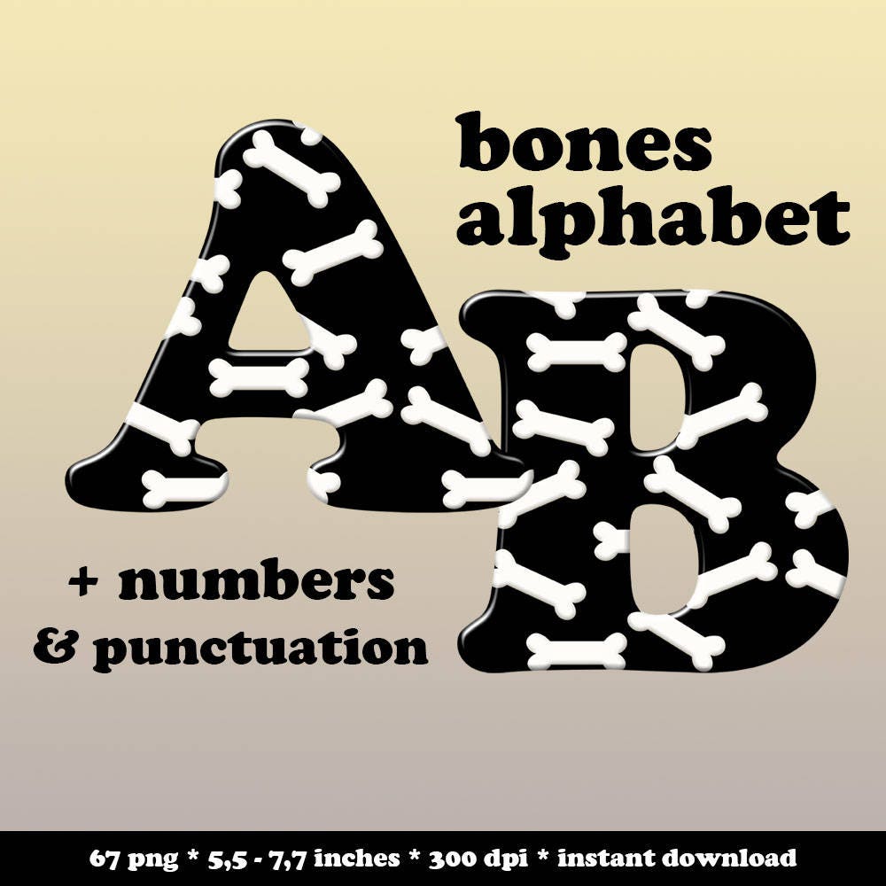Bones alphabet clipart pet dog digital font printable black