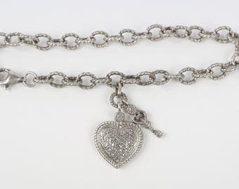 1980's-90's Sterling 1mm Swarovski Crystal Pave Heart, Key Charm Twisted Rope Bracelet, Near MINT Cond., 7-1/2" Long, Beyond Adorable
