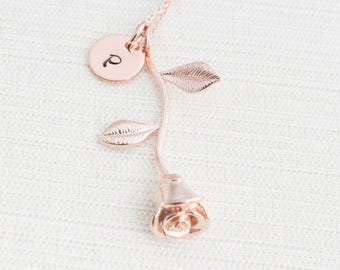 Rose Gold Initial and Rose Charm Necklace, Disc Necklace,Rose Necklace , Personalised Jewellery, Rose Gold Plated Necklace, Gift idea
