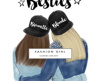 Besties Clip Art, Best Friends Illustration, Fashion Illustration, Blonde and Brunette USA Friends, Digital Clip Art, 2 PNG Designs, 300 DPI