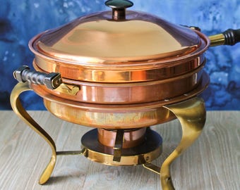 Copper and Brass Chafing Dish/Pan/Fondue Vintage Serving and Warming Double Boiler: Five Piece Set Mid Century Pan