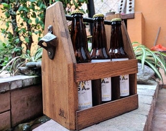 Handcrafted Wooden Beer Carrier with Bottle Opener - Customized - Six Pack
