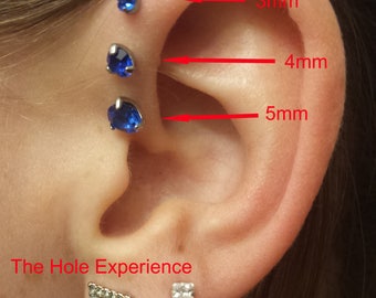 16g 6mm, Sapphire, Forward Helix Earring, Tragus, Cartilage, Earring, 3 Prong Setting, Triple forward Helix, September Birthstone