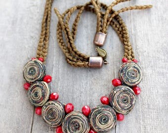 Statement necklace Beads necklace Gift|for|wife Ethnic necklace Brown necklace Tribal jewelry Boho necklace Unique necklace Fabric jewelry