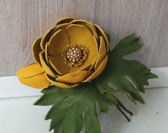 Yellow Leather globe flower brooch, handmade leather flower brooch, flower brooch, flower pin, leather jewelry