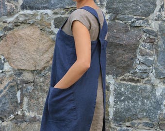 Linen pinafore apron, Square Cross Linen Apron, Wrap apron, No ties Apron, Japanese Apron, Long apron in grey, Prewashed long linen apron