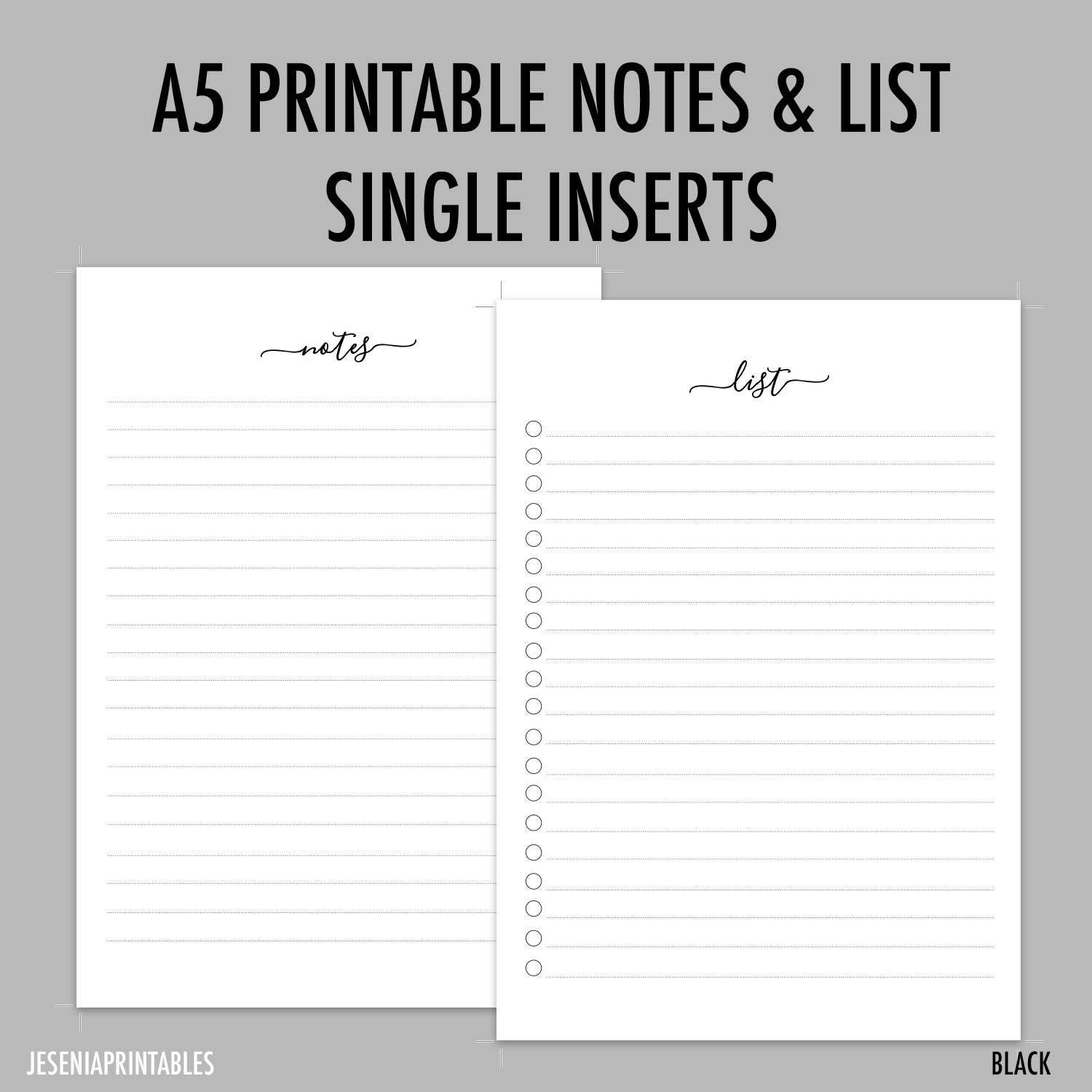 A5 Printable Notes &amp; List Individual Pages - Black (RINGS) from ...