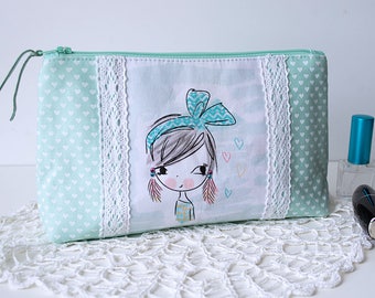 Mint cosmetic bag makeup bag girl print beauty case hearts teens toiletry bag zipper pouch travel makeup bag teens birthday
