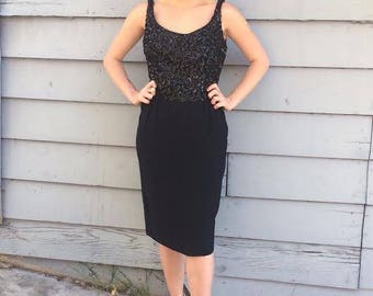 Vintage 1960s LBD 50s Black Hourglass Wiggle Rockabilly Sequin Pencil Dress XS S