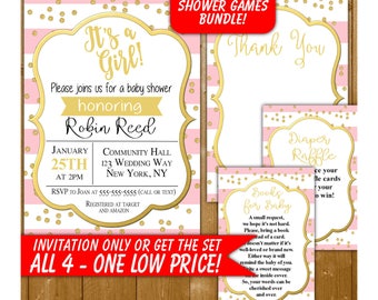 Baby Girl Shower Invitation, Pink and Gold, Modern Baby Girl Shower Invitation, Diaper Raffle, Books, Thank You, Shower Invitation Set