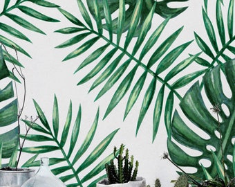 30% OFF from Green watercolor monstera&palm leaf self-adhesive wallpaper, Renters wallpaper, Wall decal, BW137