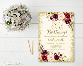 80th Birthday Invitation, Any Age Women Birthday Invitation, Floral Ivory and Gold Women Birthday Invitation, Boho Birthday Invite, #BW39-80