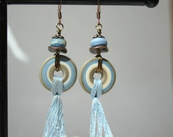 Handmade lampwork Disc earrings in denim blue and cream