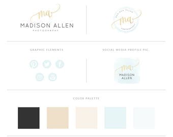 Mint Watercolor And Gold Logo Design Brand Kit,Photography Logo Watermark - Mint Watercolor Brand Package,Gold Logo Set,Premade Gold Logo