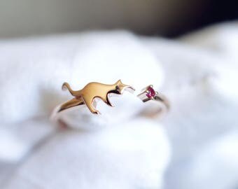 Cat Engagement Ring Red Ruby Ring Red Ruby 14k Gold Ring 18k Gold Cat Ring Cat Gemstone Gold Ring 14K Gold Cat Wedding Ring 18K Cat Ring