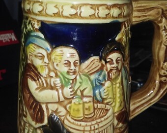 German Beer Mug with German Men and German Writing Made in Japan