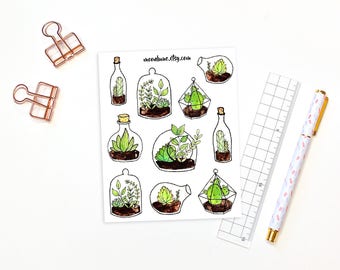 Terrarium stickers - 10 decorative succulent terrarium stickers, planner stickers, bullet journal stickers, bujo stickers, nature stickers