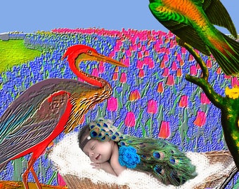Newborn Digital Background | Newborn Digital Backdrop | Birds | Flowers | Girl or Boy | Instant Download