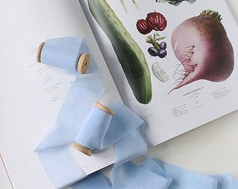 Hand dyed silk ribbon Light blue silk chiffon satin ribbon on spool 3 m/ 5 cm (3,3 yd/ 2") Wedding decoration Newborn tieback Bouquet ribbon