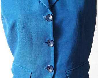 Vintage 80s Byblos made in Italy gilet waistcoat deep sky blue linen fabric 2 real pockets Taylor made accurate details perfect condition
