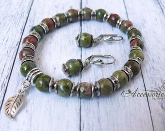 Unakite jewelry set Unakite bracelet and Unakite Earrings Unakite beaded Pink Green earrings Healing Stone Jewelry Protection Bracelet Boho