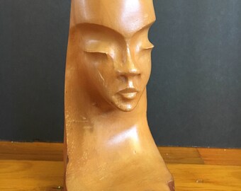 1963 vintage hand carved wooden woman - sculpture - carving