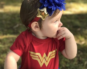 Pre order Wonder Woman Baby Outfit-Red Bodysuit ,Baby Girl royal blue Bloomer,Headband & Sandals.wonder Woman halloween costume.