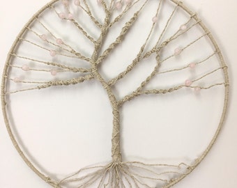 Round tree of life macrame and beads rose quartz, wall decor, 30 cm diameter