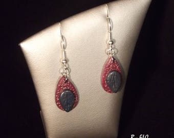 Leaf polymer clay raspberry and blue (A 240416) earrings