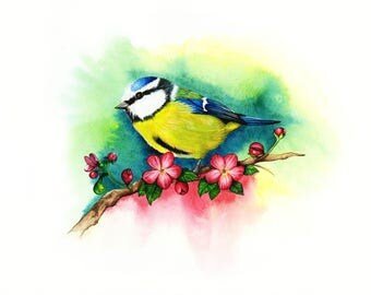 Bird, Blue Tit, Fine Art Print, Watercolour, Wall Art, Wall Decor, Home Decor, Nature, Gift, Realistic