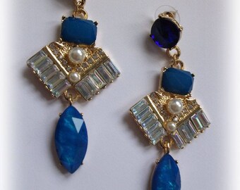 Boucles D'oreilles Vintage JACKY DE G – Strass Bleus Sur Cuivre Doré – Occasion Très Bon état