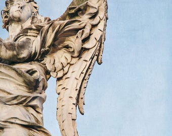 Stone Angel Statue in Rome, Italy Photography, Angel Wings Wall Decor, Living Room Art, Fine Art Photography "Calling All Angels"